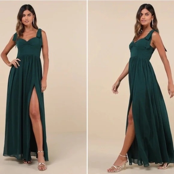 Lulus Dresses & Skirts - Lulus Radiant Charisma Emerald Chiffon Ruched Tie-Strap Maxi Dress Size M